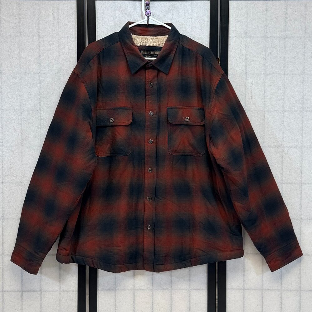 Grizzly Mountain Snap Up Plaid Fleece Lined Shirt Jacket Shacket XXL Red Brown